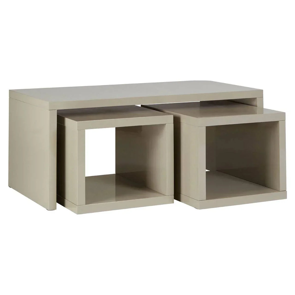 Beige nesting coffee tables with open cube design and glossy finish