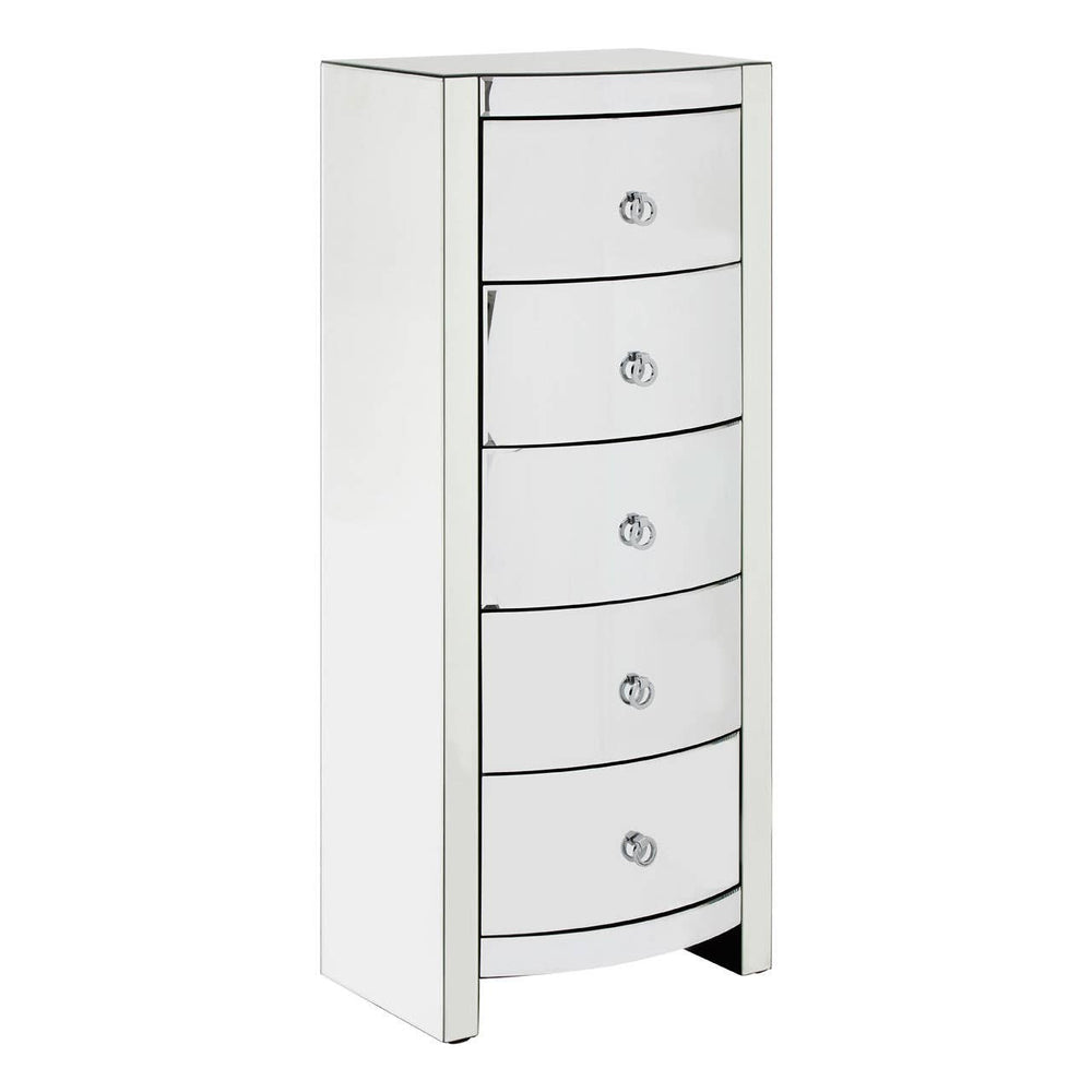 Tall, sleek white dresser with five curved drawers, each featuring a round silver handle, and a minimalist design suitable for modern home decor