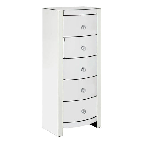 Tall, sleek white dresser with five curved drawers, each featuring a round silver handle, and a minimalist design suitable for modern home decor