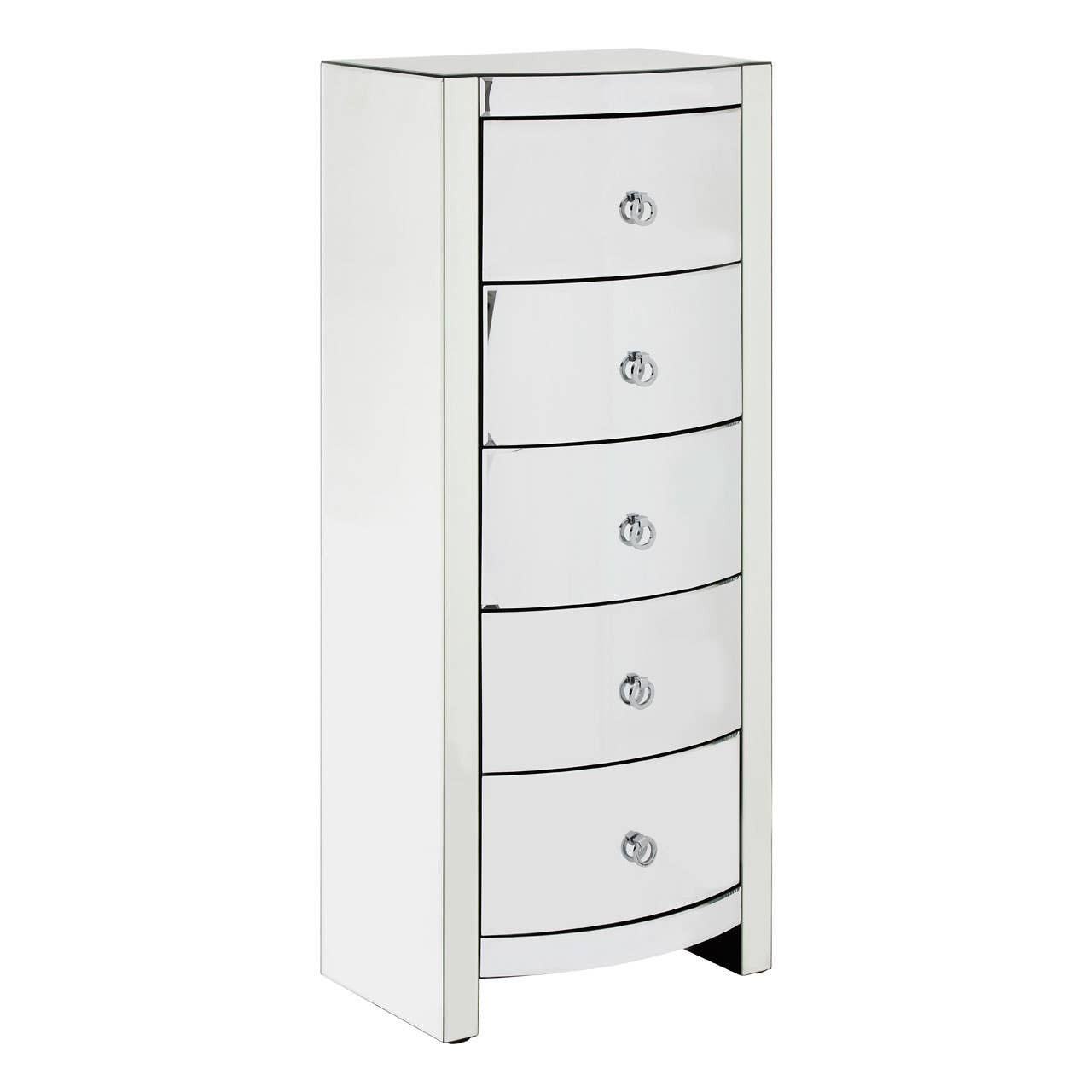 Tall, sleek white dresser with five curved drawers, each featuring a round silver handle, and a minimalist design suitable for modern home decor