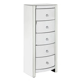 Tall, sleek white dresser with five curved drawers, each featuring a round silver handle, and a minimalist design suitable for modern home decor