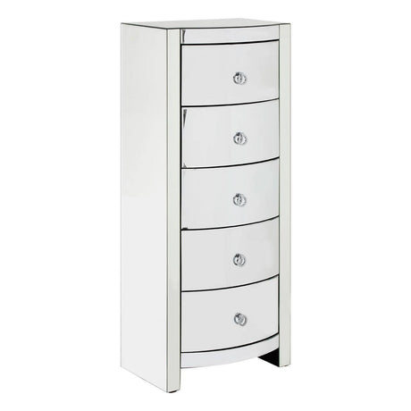 Tall, sleek white dresser with five curved drawers, each featuring a round silver handle, and a minimalist design suitable for modern home decor