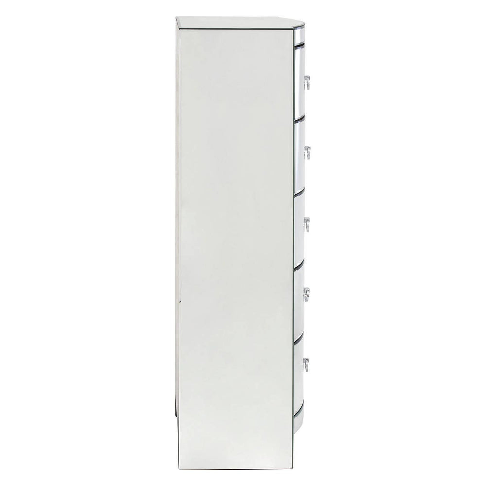 Tall, narrow chest of drawers in a sleek white finish, featuring six curved drawer fronts and minimalist handles, designed for modern home decor