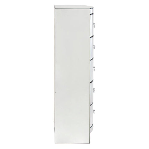 Tall, narrow chest of drawers in a sleek white finish, featuring six curved drawer fronts and minimalist handles, designed for modern home decor