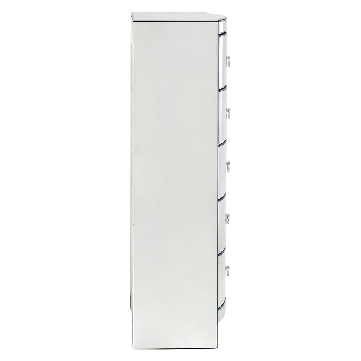 Tall, narrow chest of drawers in a sleek white finish, featuring six curved drawer fronts and minimalist handles, designed for modern home decor