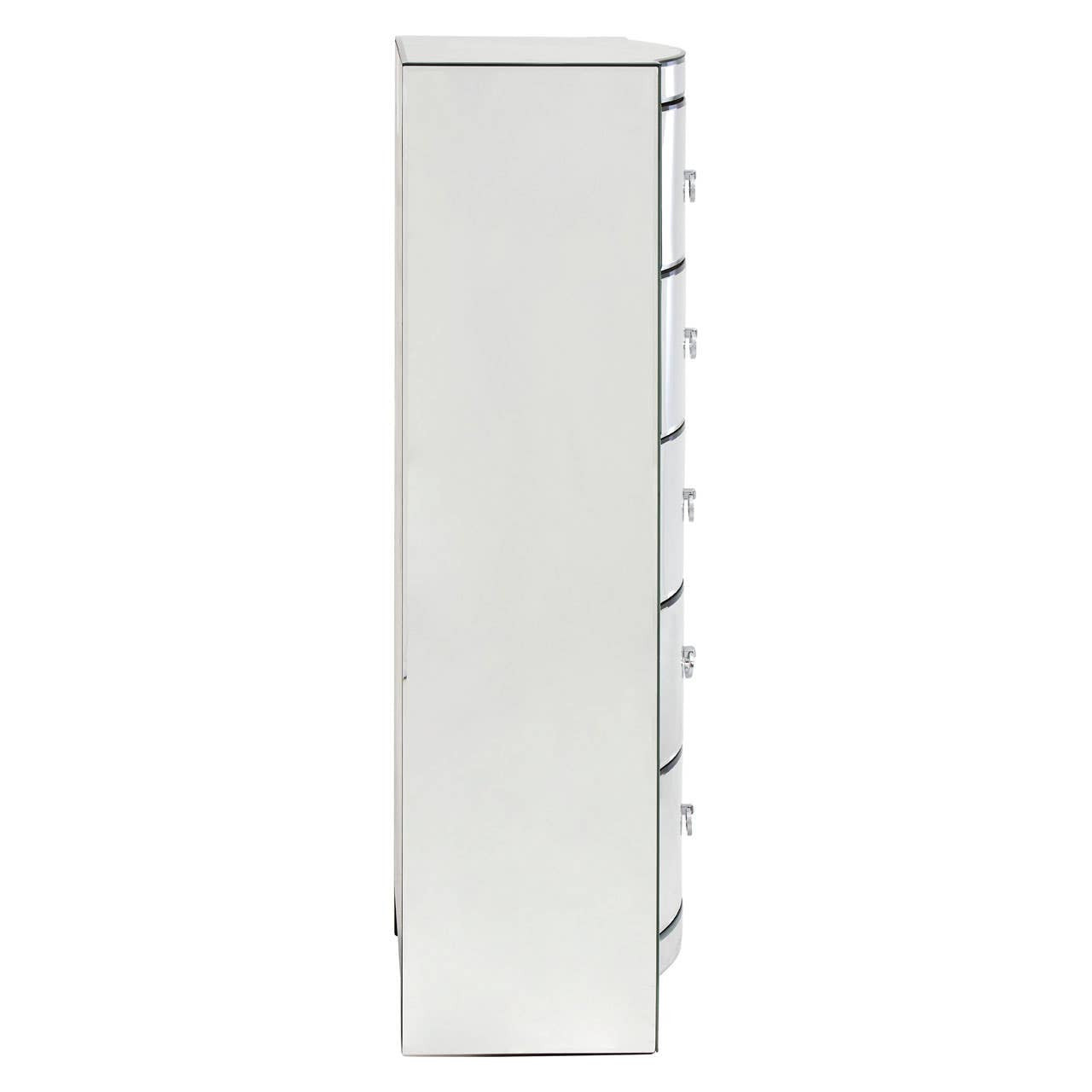 Tall, narrow chest of drawers in a sleek white finish, featuring six curved drawer fronts and minimalist handles, designed for modern home decor