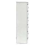 Tall, narrow chest of drawers in a sleek white finish, featuring six curved drawer fronts and minimalist handles, designed for modern home decor