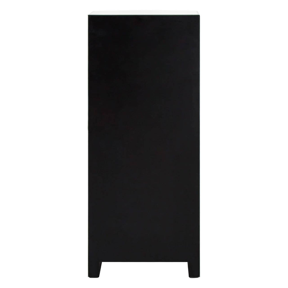 Tall black furniture piece with a smooth finish and minimalist design, featuring a flat front and tapered legs, suitable for storage in a home setting