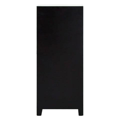 Tall black furniture piece with a smooth finish and minimalist design, featuring a flat front and tapered legs, suitable for storage in a home setting