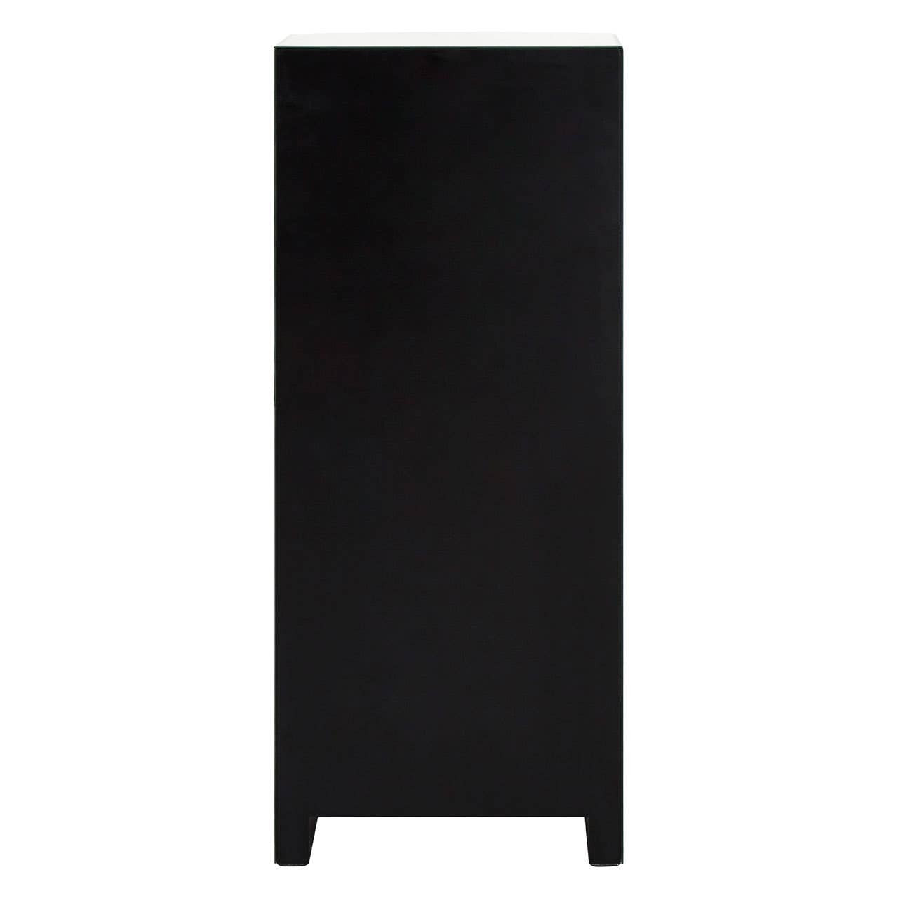 Tall black furniture piece with a smooth finish and minimalist design, featuring a flat front and tapered legs, suitable for storage in a home setting