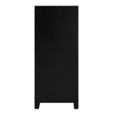 Tall black furniture piece with a smooth finish and minimalist design, featuring a flat front and tapered legs, suitable for storage in a home setting