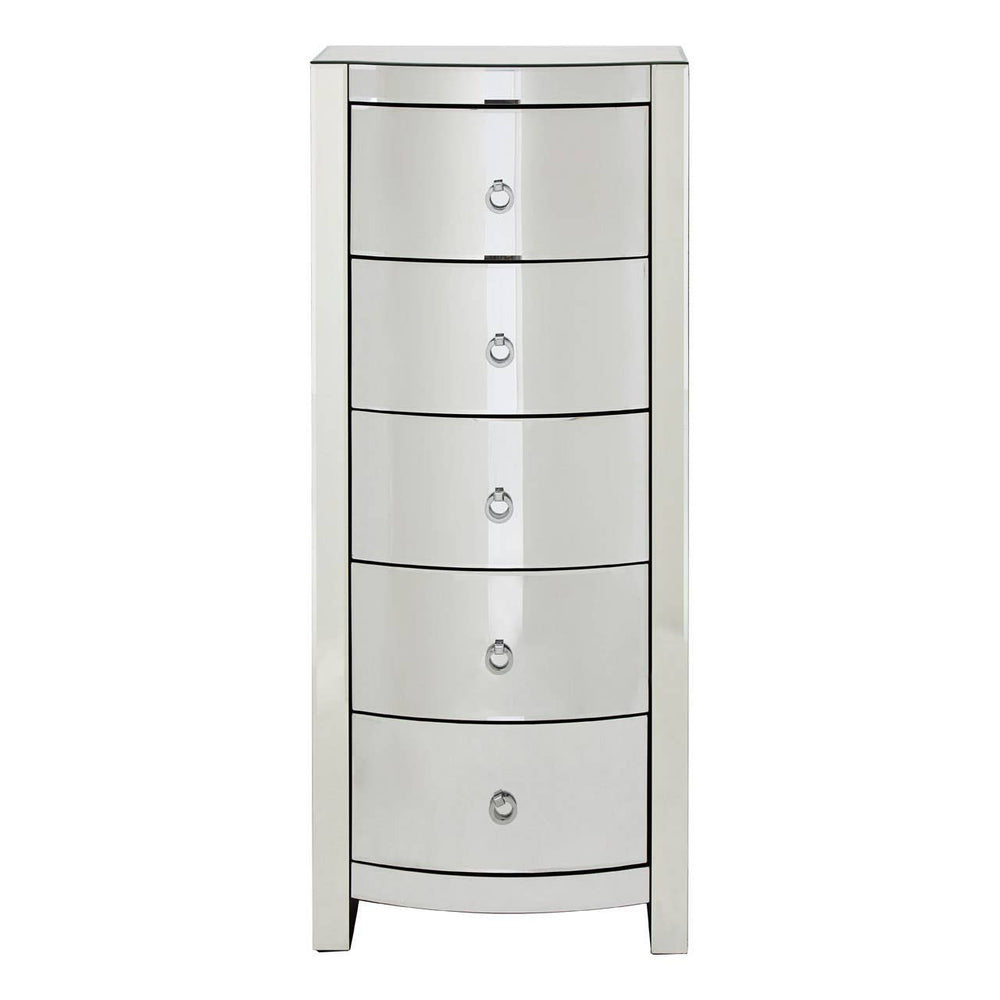 Curved tall boy drawers with five spacious compartments, featuring a sleek silver finish and round drawer knobs, designed for stylish storage in a modern home