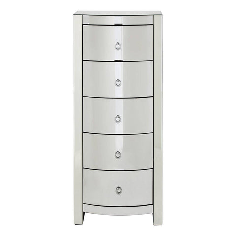 Curved tall boy drawers with five spacious compartments, featuring a sleek silver finish and round drawer knobs, designed for stylish storage in a modern home