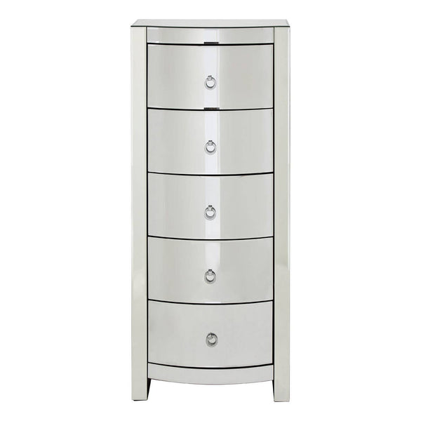 Curved tall boy drawers with five spacious compartments, featuring a sleek silver finish and round drawer knobs, designed for stylish storage in a modern home