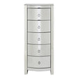 Curved tall boy drawers with five spacious compartments, featuring a sleek silver finish and round drawer knobs, designed for stylish storage in a modern home