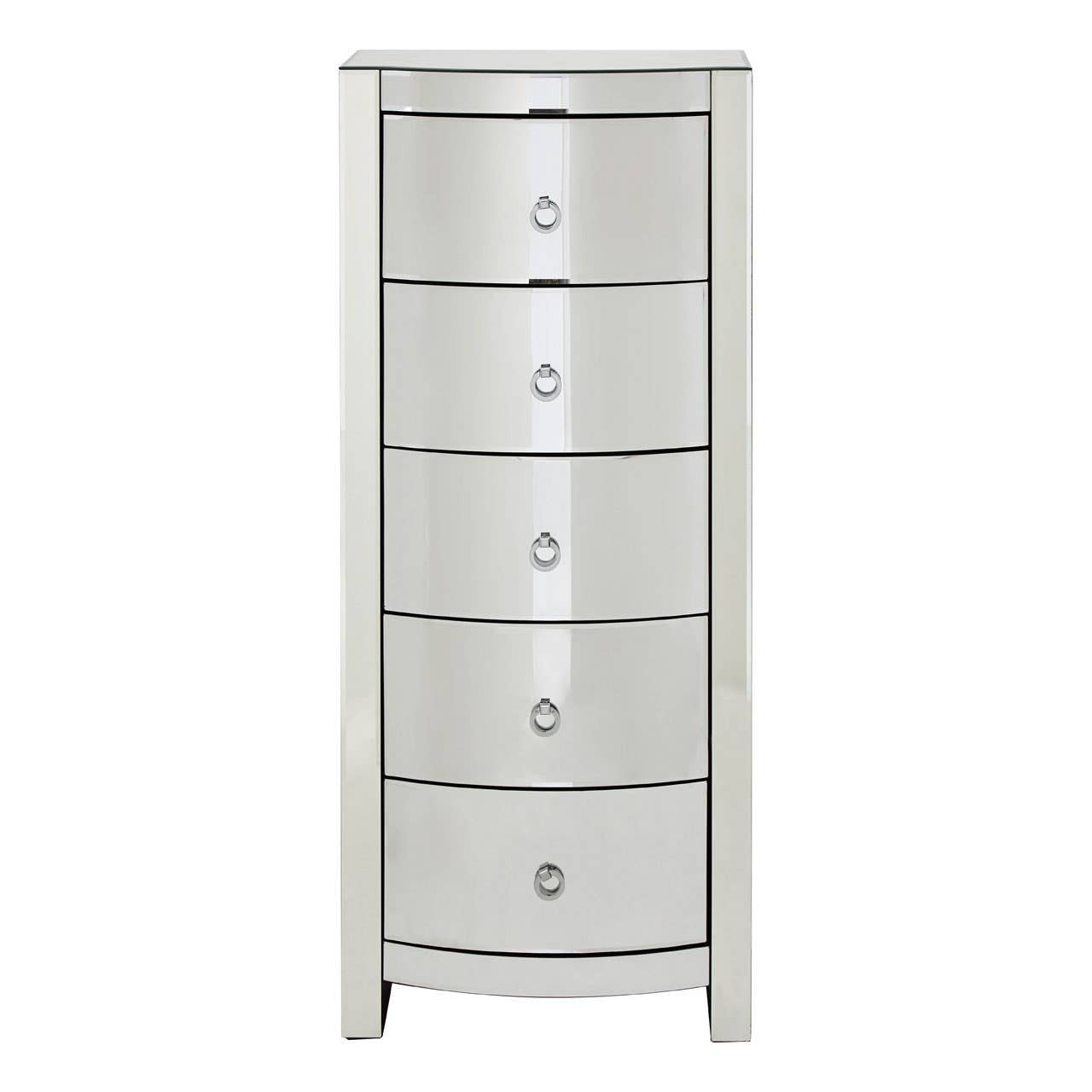 Curved tall boy drawers with five spacious compartments, featuring a sleek silver finish and round drawer knobs, designed for stylish storage in a modern home