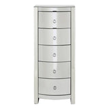 Curved tall boy drawers with five spacious compartments, featuring a sleek silver finish and round drawer knobs, designed for stylish storage in a modern home