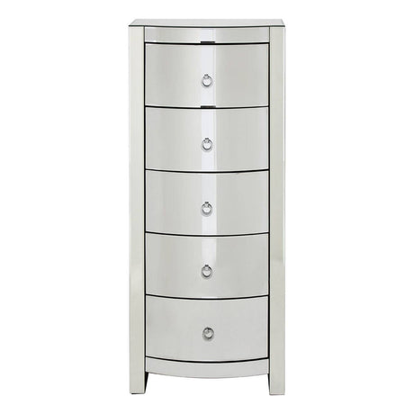 Curved tall boy drawers with five spacious compartments, featuring a sleek silver finish and round drawer knobs, designed for stylish storage in a modern home
