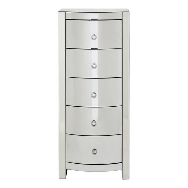 Curved tall boy drawers with five spacious compartments, featuring a sleek silver finish and round drawer knobs, designed for stylish storage in a modern home