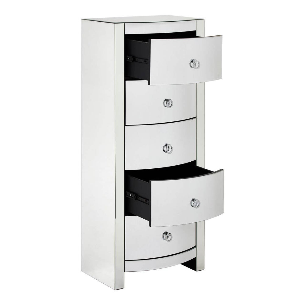 Tall white dresser with four curved drawers, each featuring a round silver handle. The dresser has a sleek design and a smooth finish, suitable for modern home decor. The drawers are partially open, showcasing the interior space
