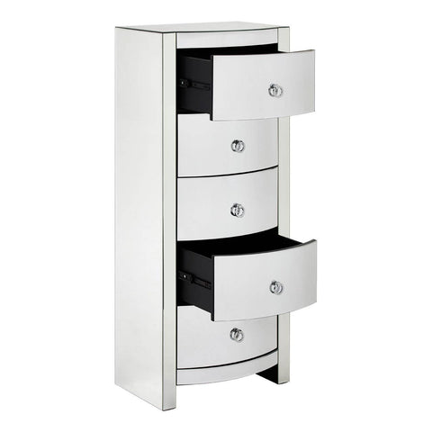 Tall white dresser with four curved drawers, each featuring a round silver handle. The dresser has a sleek design and a smooth finish, suitable for modern home decor. The drawers are partially open, showcasing the interior space
