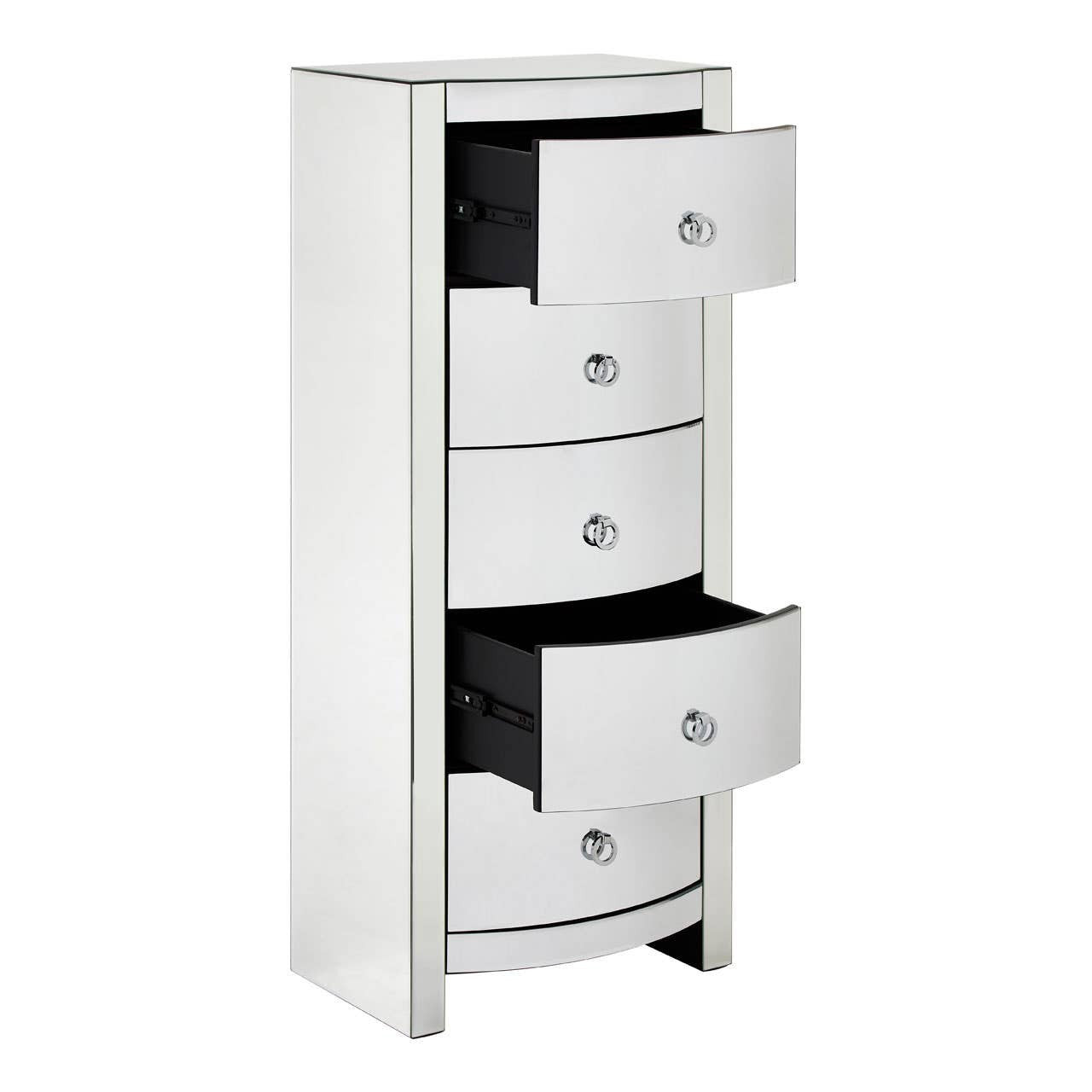 Tall white dresser with four curved drawers, each featuring a round silver handle. The dresser has a sleek design and a smooth finish, suitable for modern home decor. The drawers are partially open, showcasing the interior space
