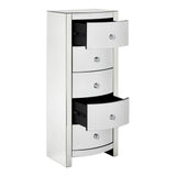 Tall white dresser with four curved drawers, each featuring a round silver handle. The dresser has a sleek design and a smooth finish, suitable for modern home decor. The drawers are partially open, showcasing the interior space