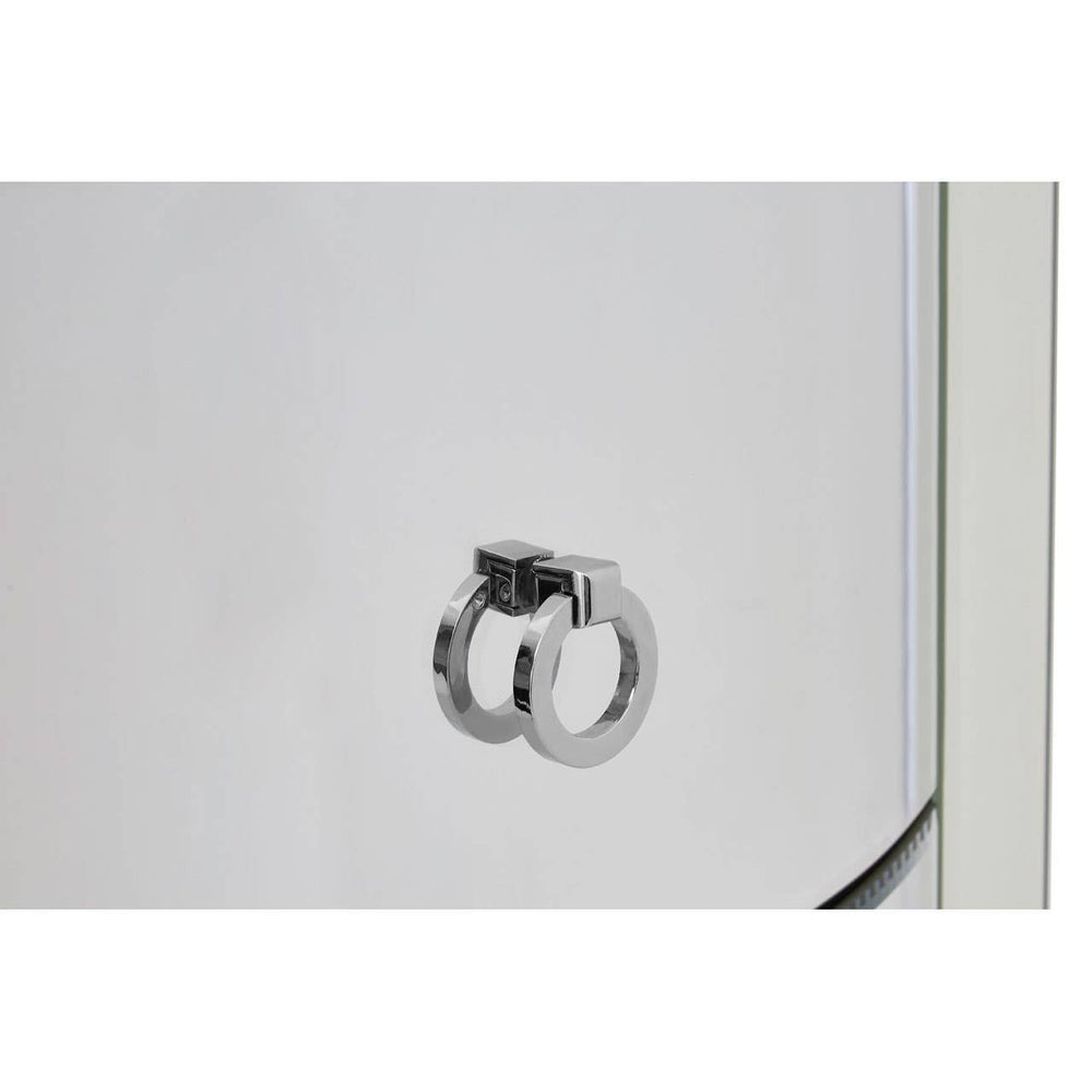 Close-up view of a silver drawer pull on a white curved drawer front, showcasing the sleek design of the Verona Curved Tall Boy Drawers