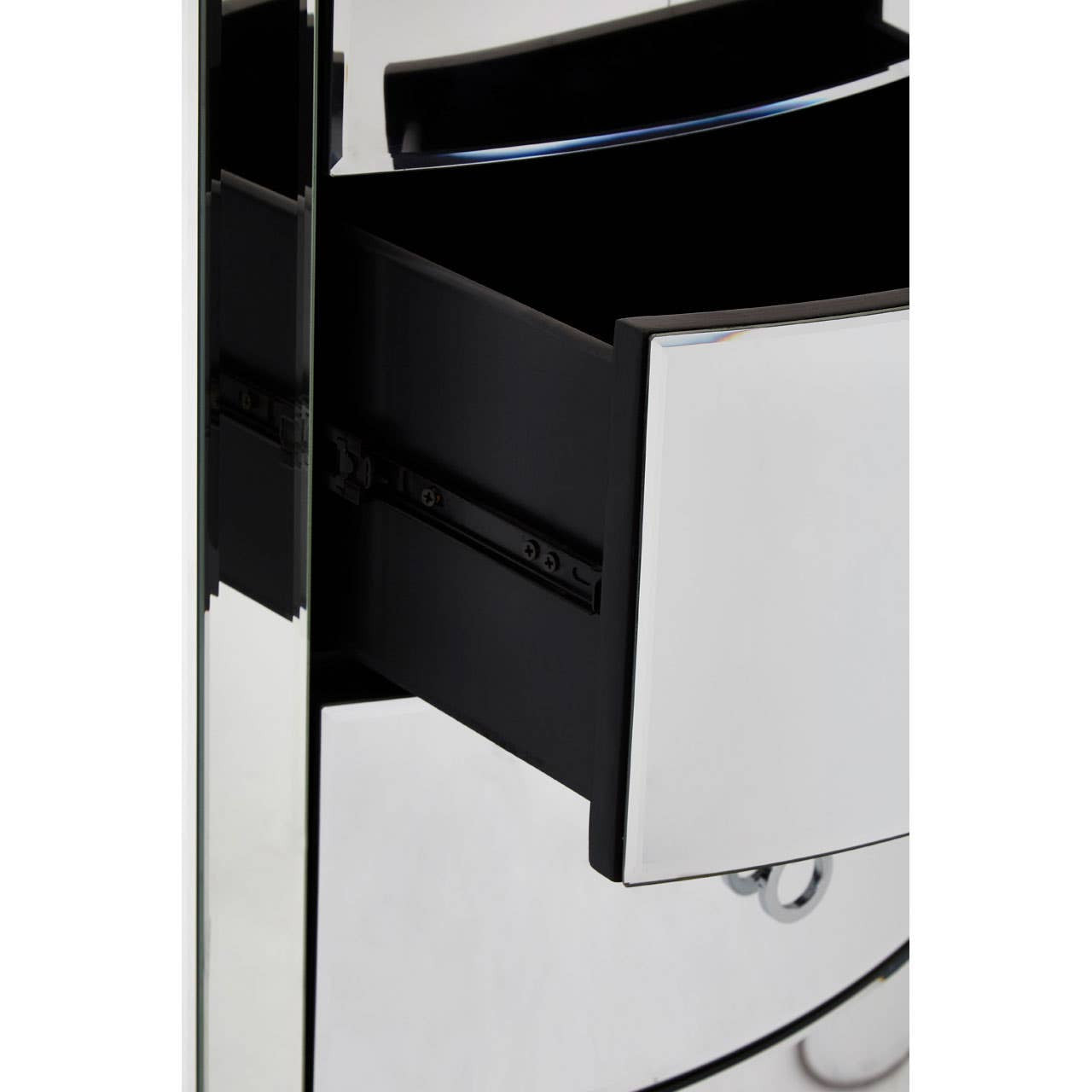 Curved tall boy drawers with a sleek chrome finish and black accents, featuring a partially open drawer to showcase the interior space. The design emphasizes modern aesthetics with smooth lines and a polished surface