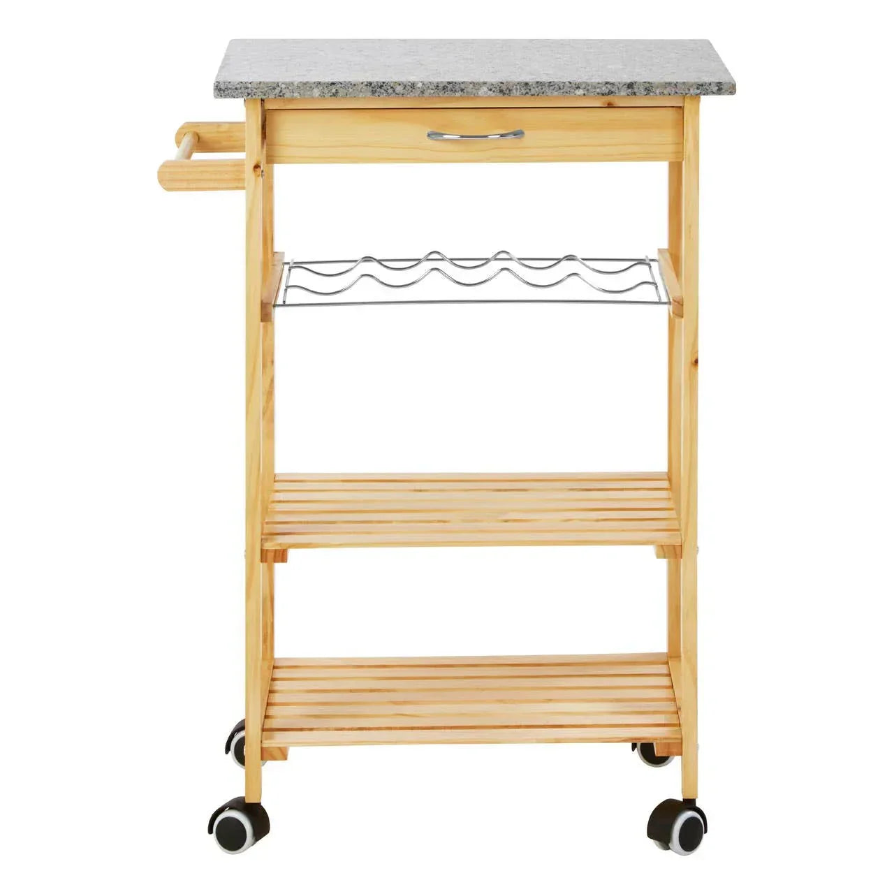 Wooden kitchen trolley with metal wine rack, granite top, shelves, and drawer on castors