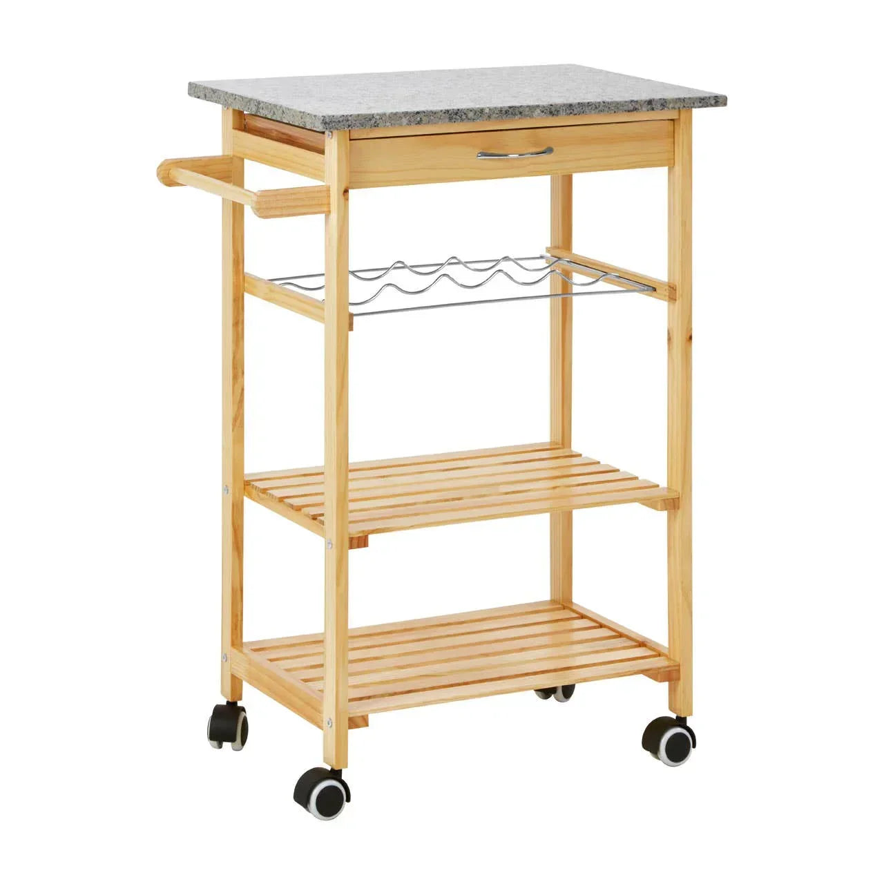 Wooden kitchen trolley with granite top, drawer, wine rack and slatted shelves on wheels