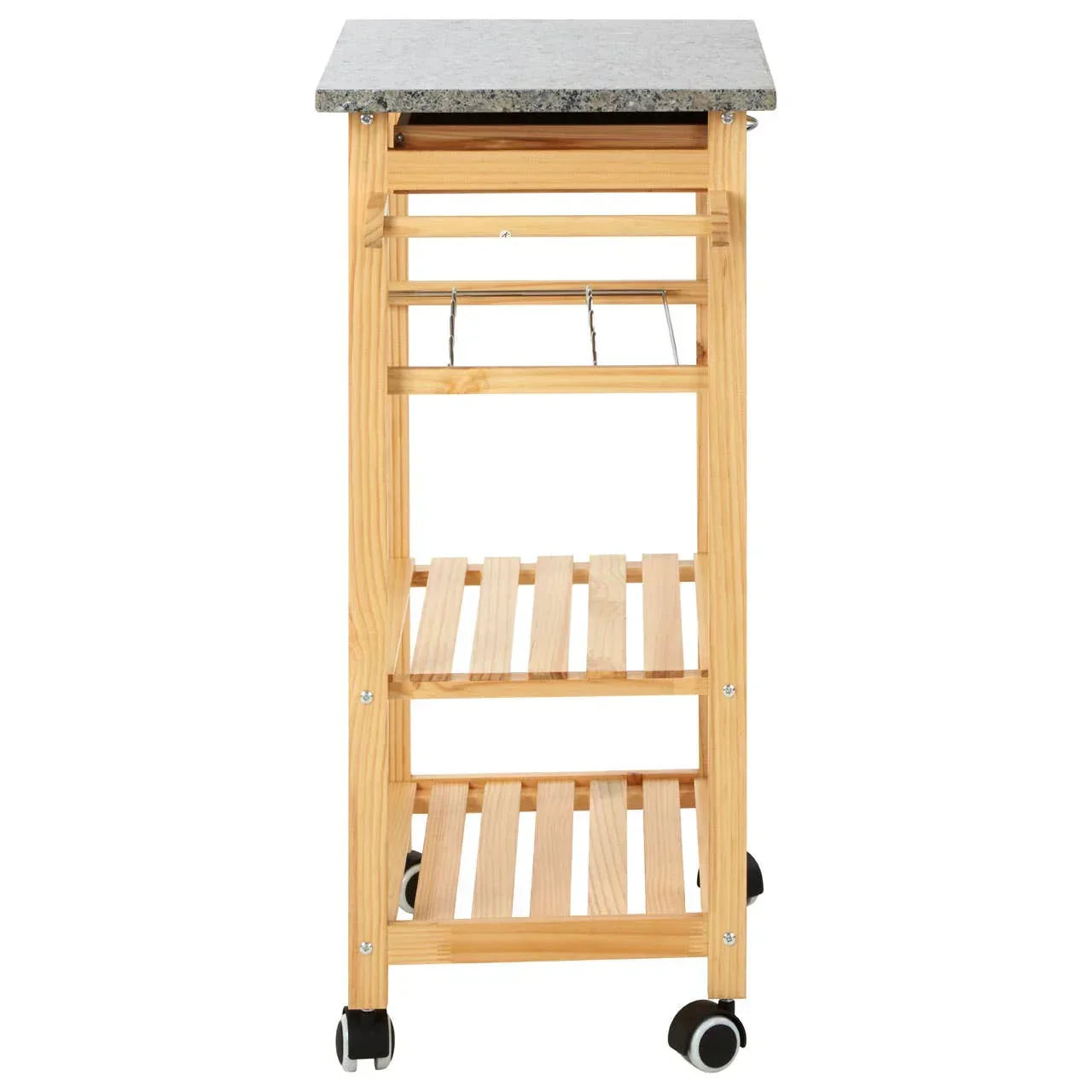 Wooden kitchen trolley with granite top, three shelves and wheels, front view