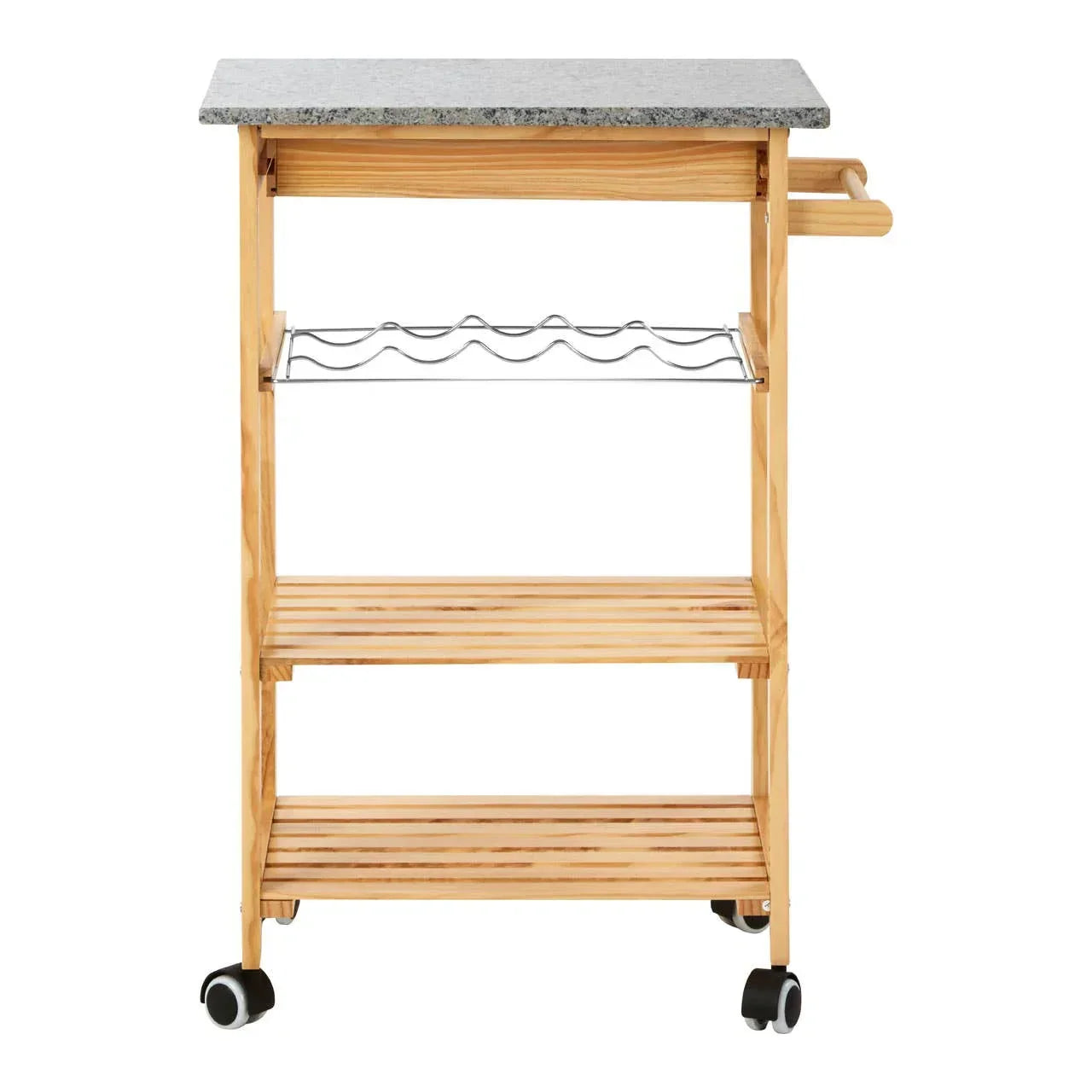 Wood kitchen trolley with granite top, wine rack, two shelves and wheels front view
