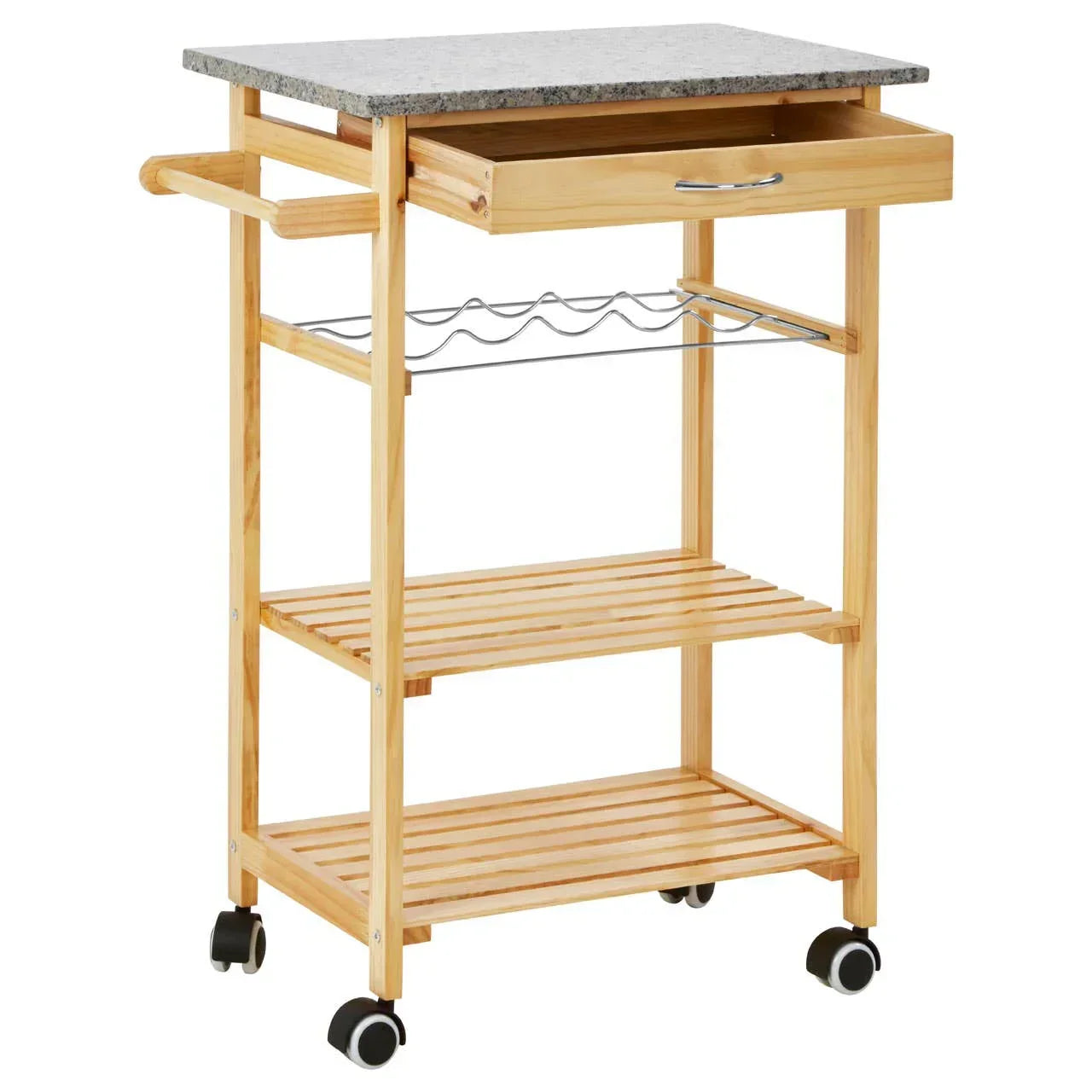 Wooden kitchen trolley with granite top, open drawer, shelves, and wine rack on wheels