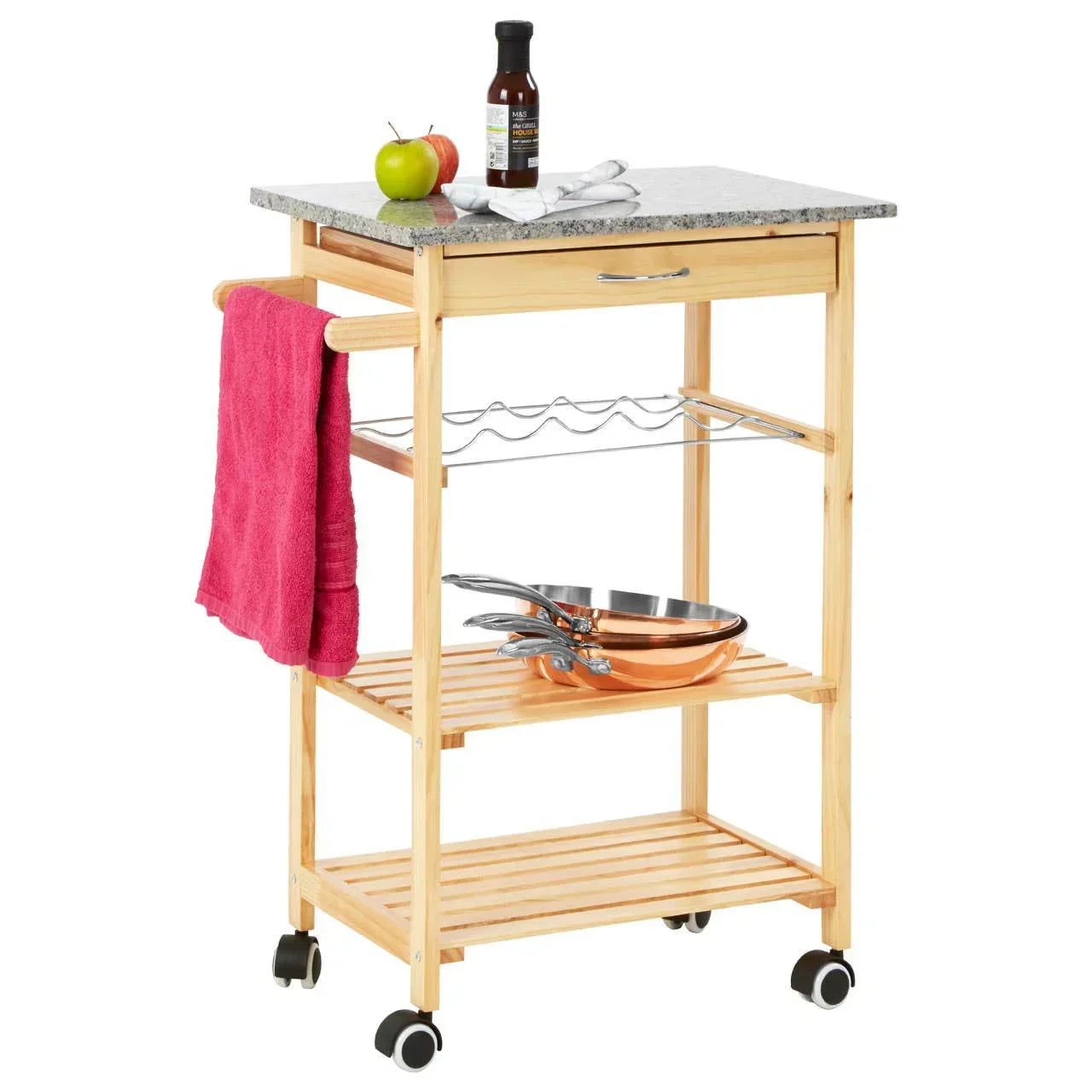 Wooden kitchen trolley with grey stone top, drawer, towel rail and open shelves on wheels