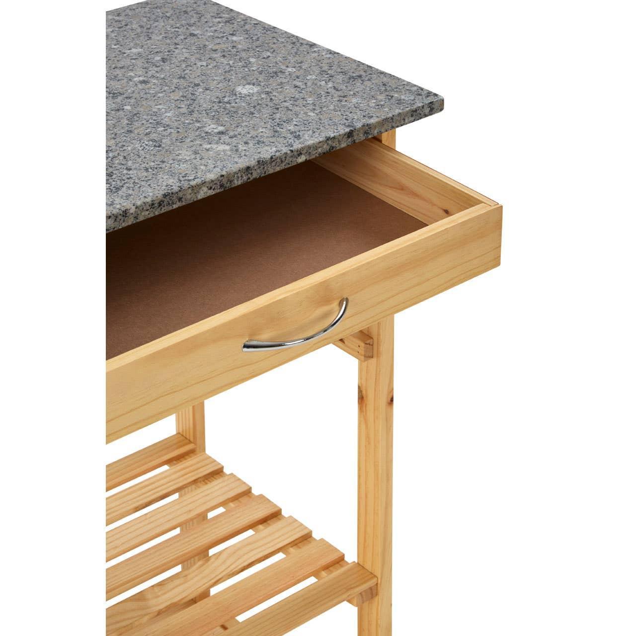 Granite top kitchen trolley with open wooden drawer and lower slatted storage shelf