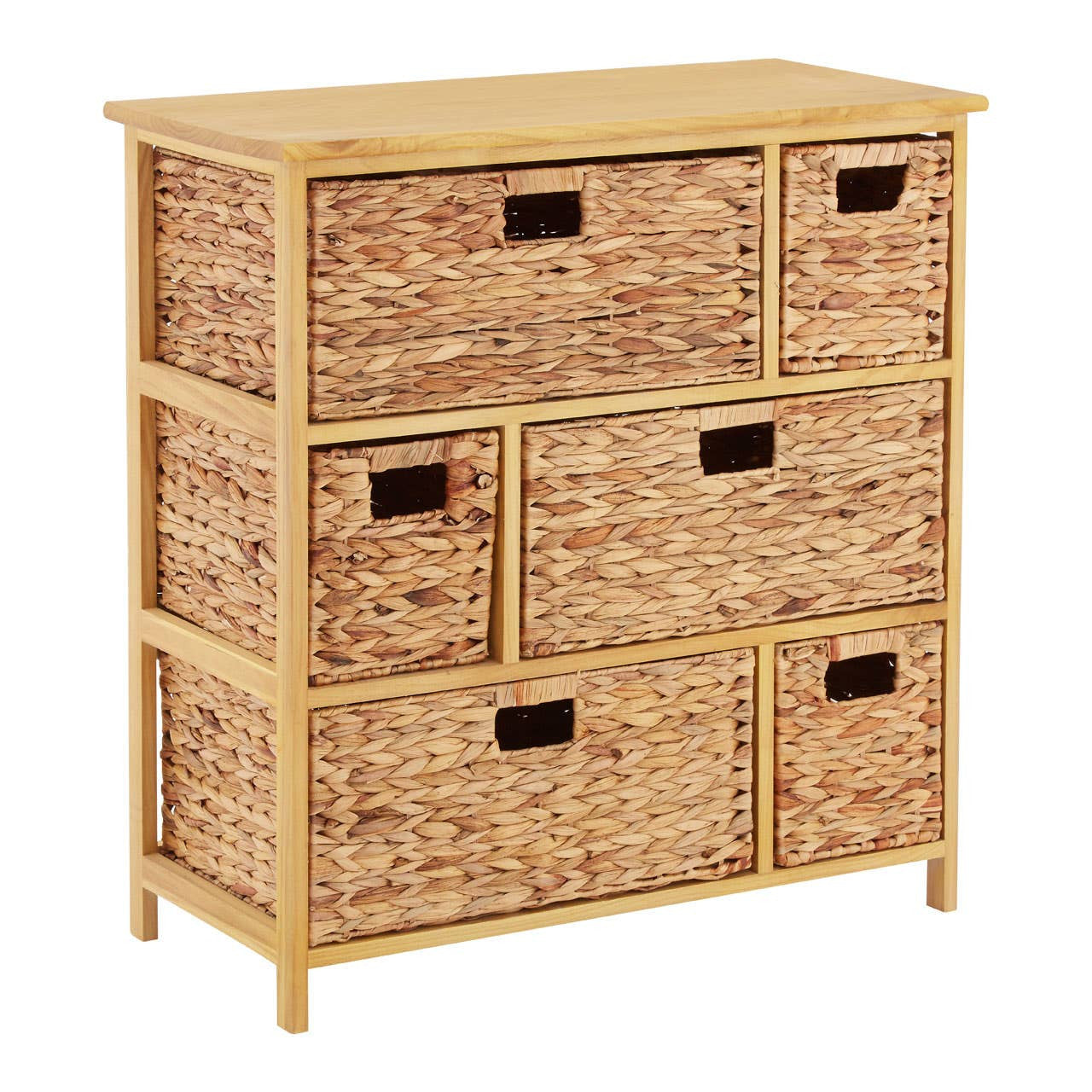 A wooden storage unit featuring a natural finish and six woven water hyacinth drawers. The drawers are arranged in two rows, with four larger drawers at the bottom and two smaller drawers at the top, each with cut-out handles for easy access. The unit stands on four legs, providing a sturdy base