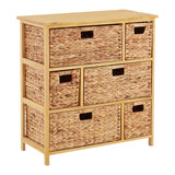 A wooden storage unit featuring a natural finish and six woven water hyacinth drawers. The drawers are arranged in two rows, with four larger drawers at the bottom and two smaller drawers at the top, each with cut-out handles for easy access. The unit stands on four legs, providing a sturdy base