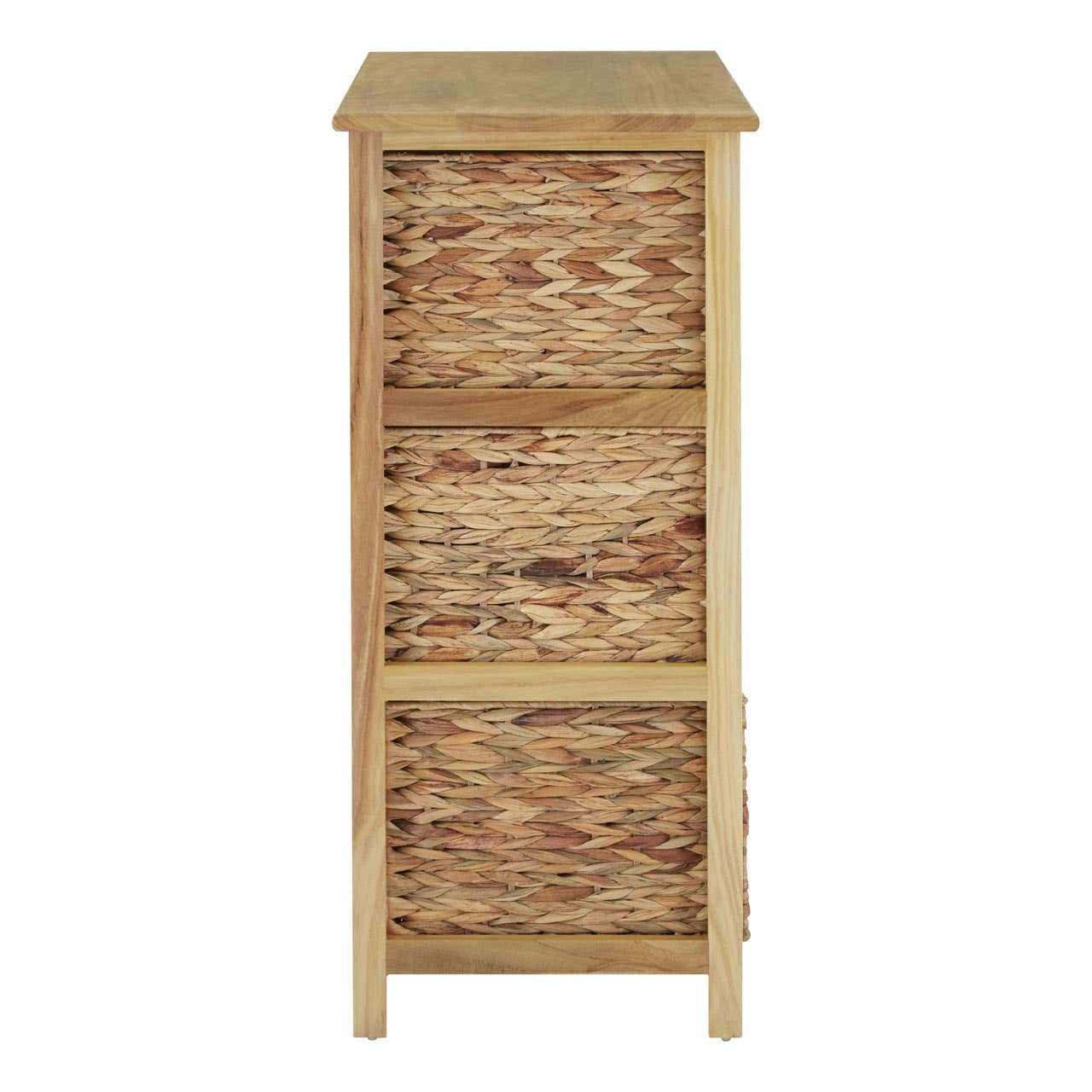 Tall storage unit featuring a natural wood frame with six woven water hyacinth drawers. The drawers have a textured appearance and are arranged vertically, providing a stylish and functional storage solution. The top of the unit is flat and smooth, suitable for displaying decorative items