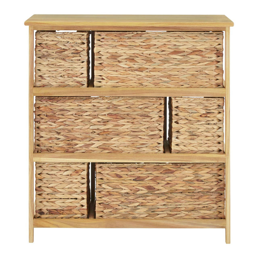 Wooden storage unit featuring a natural finish with six woven water hyacinth drawers. The drawers are arranged in three rows, with two drawers in the top two rows and four drawers in the bottom row. Each drawer has a black handle for easy access. The unit has a flat top surface suitable for decorative items or additional storage