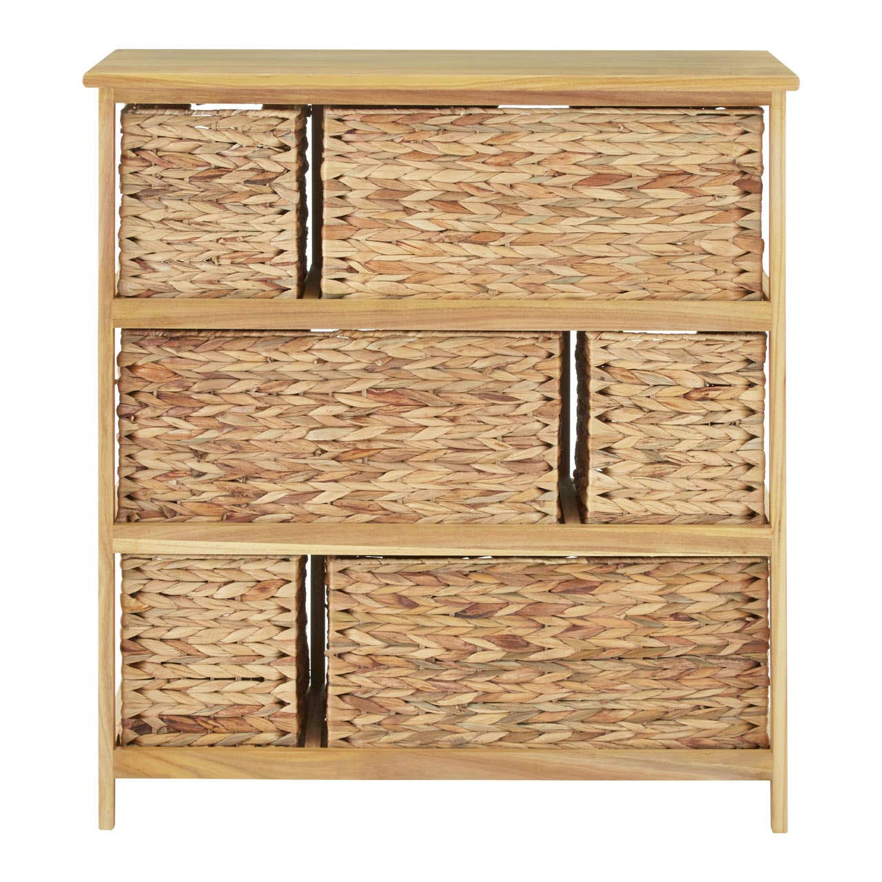 Wooden storage unit featuring a natural finish with six woven water hyacinth drawers. The drawers are arranged in three rows, with two drawers in the top two rows and four drawers in the bottom row. Each drawer has a black handle for easy access. The unit has a flat top surface suitable for decorative items or additional storage