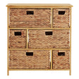 A wooden storage unit featuring six woven water hyacinth drawers, arranged in a grid pattern. The unit has a natural wood finish and a flat top surface, with the drawers varying in size, some larger and some smaller, each with cut-out handles for easy access