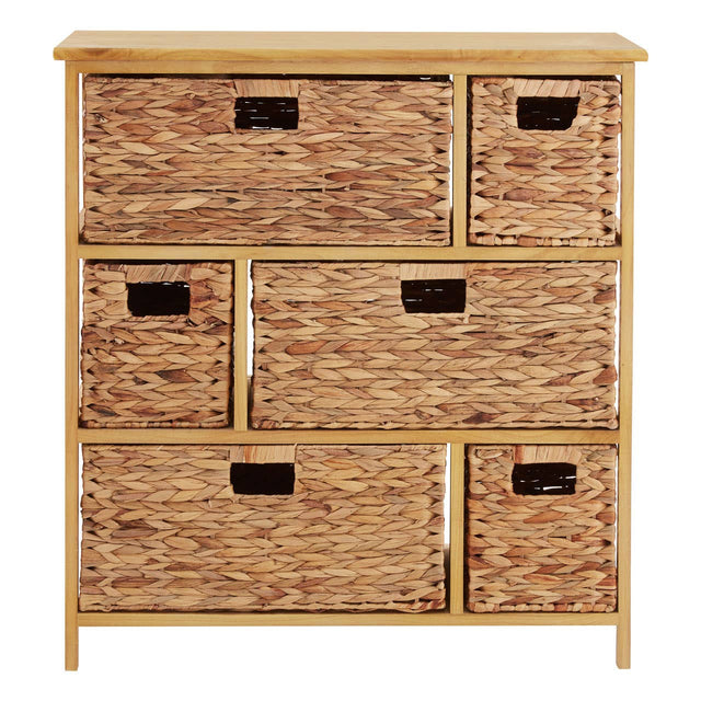 A wooden storage unit featuring six woven water hyacinth drawers, arranged in a grid pattern. The unit has a natural wood finish and a flat top surface, with the drawers varying in size, some larger and some smaller, each with cut-out handles for easy access