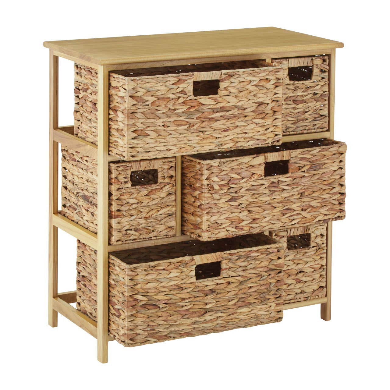 A wooden storage unit featuring a natural finish with a flat top and six woven water hyacinth drawers. The drawers are arranged in three rows, with two larger drawers at the bottom and four smaller drawers above, each with cut-out handles for easy access. The unit has a sturdy frame and a minimalist design, suitable for various home decor styles