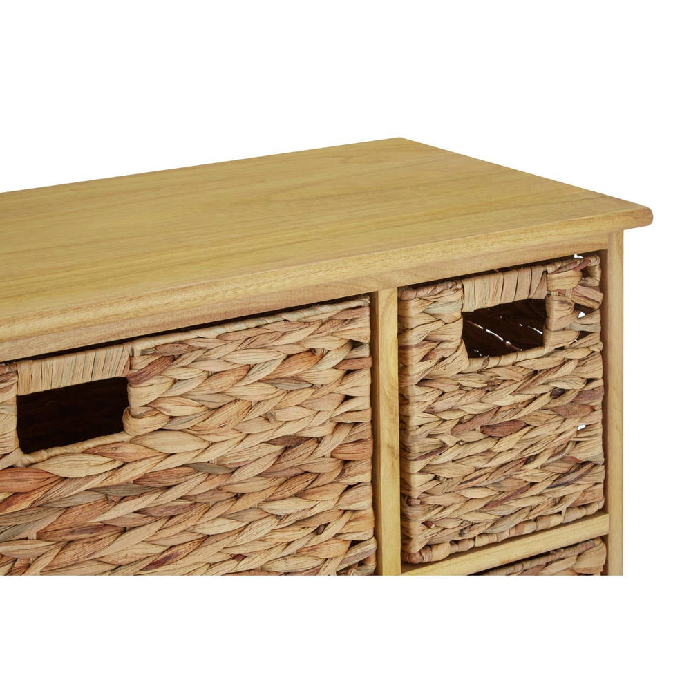 The Padstow Storage Unit features a smooth wooden top and six woven water hyacinth drawers with cut-out handles, showcasing a natural texture and earthy tones. The unit has a sturdy design, ideal for organizing various items while adding a touch of rustic charm to home decor