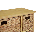 The Padstow Storage Unit features a smooth wooden top and six woven water hyacinth drawers with cut-out handles, showcasing a natural texture and earthy tones. The unit has a sturdy design, ideal for organizing various items while adding a touch of rustic charm to home decor