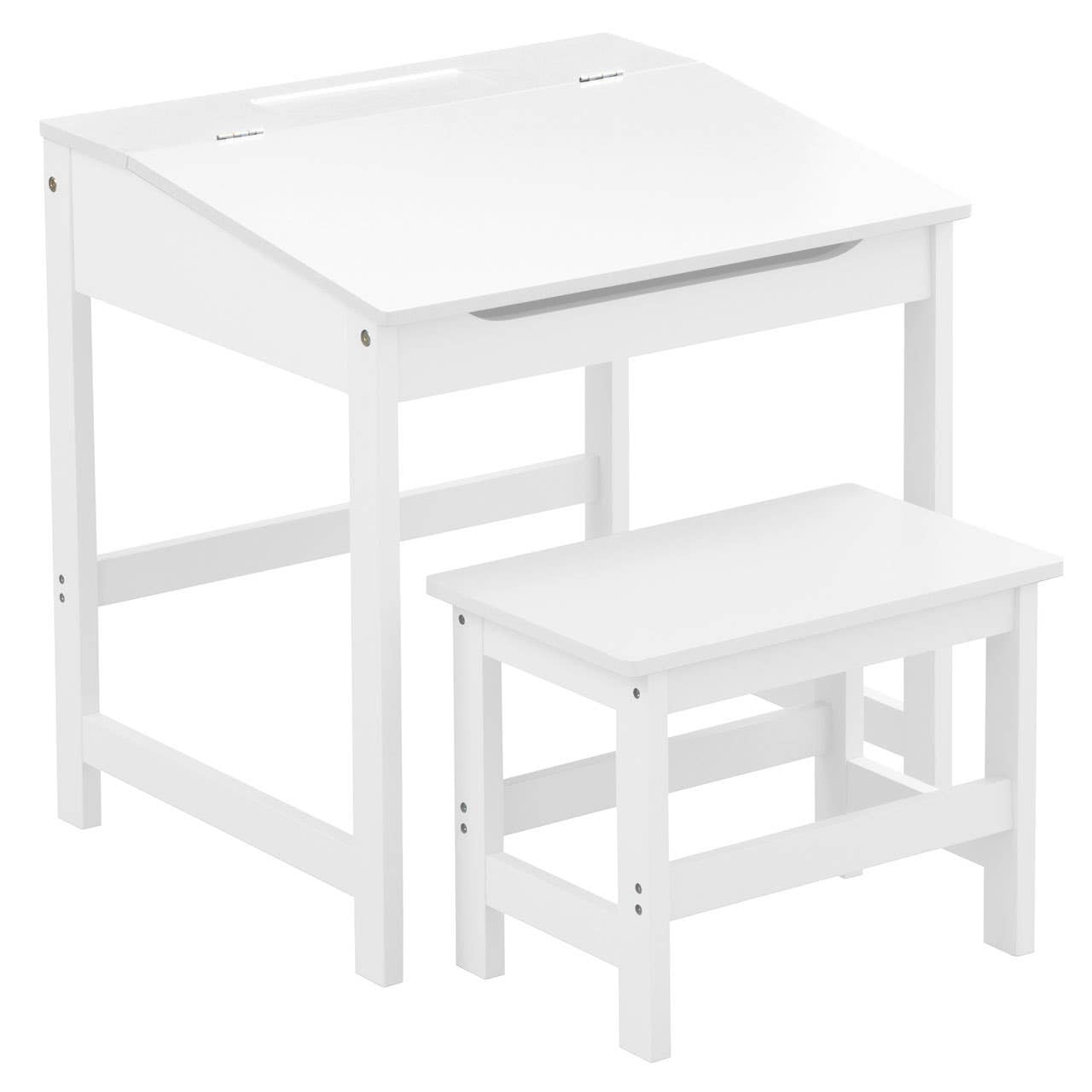 A white children's desk with a slanted top and a matching stool, both featuring simple, clean lines and sturdy legs, designed for a playful and functional workspace