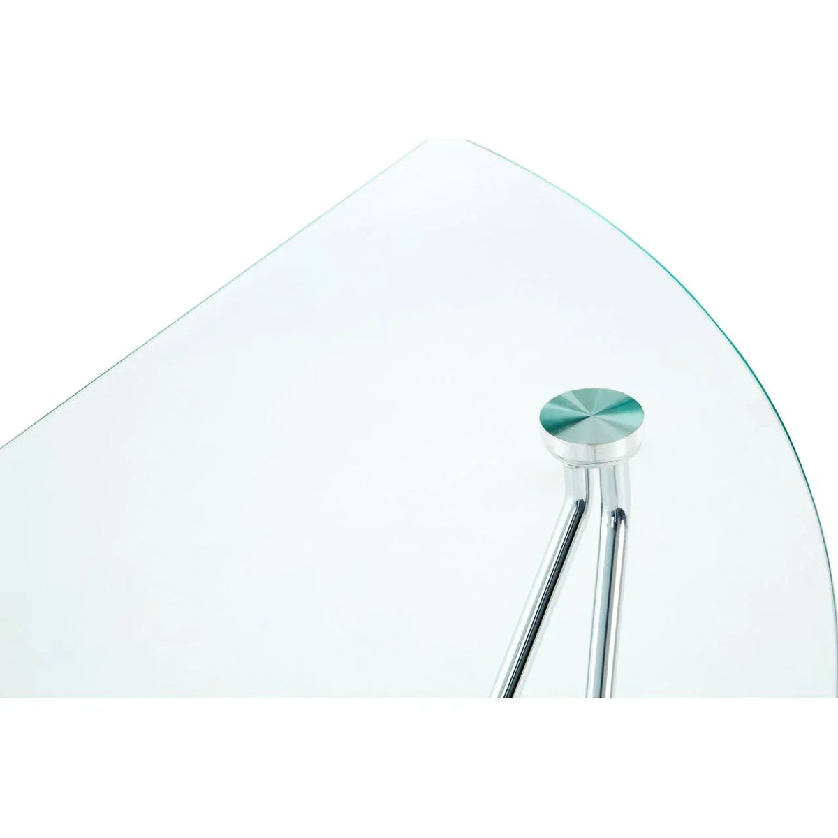 Glass table top with chrome support and rounded edge corner detail