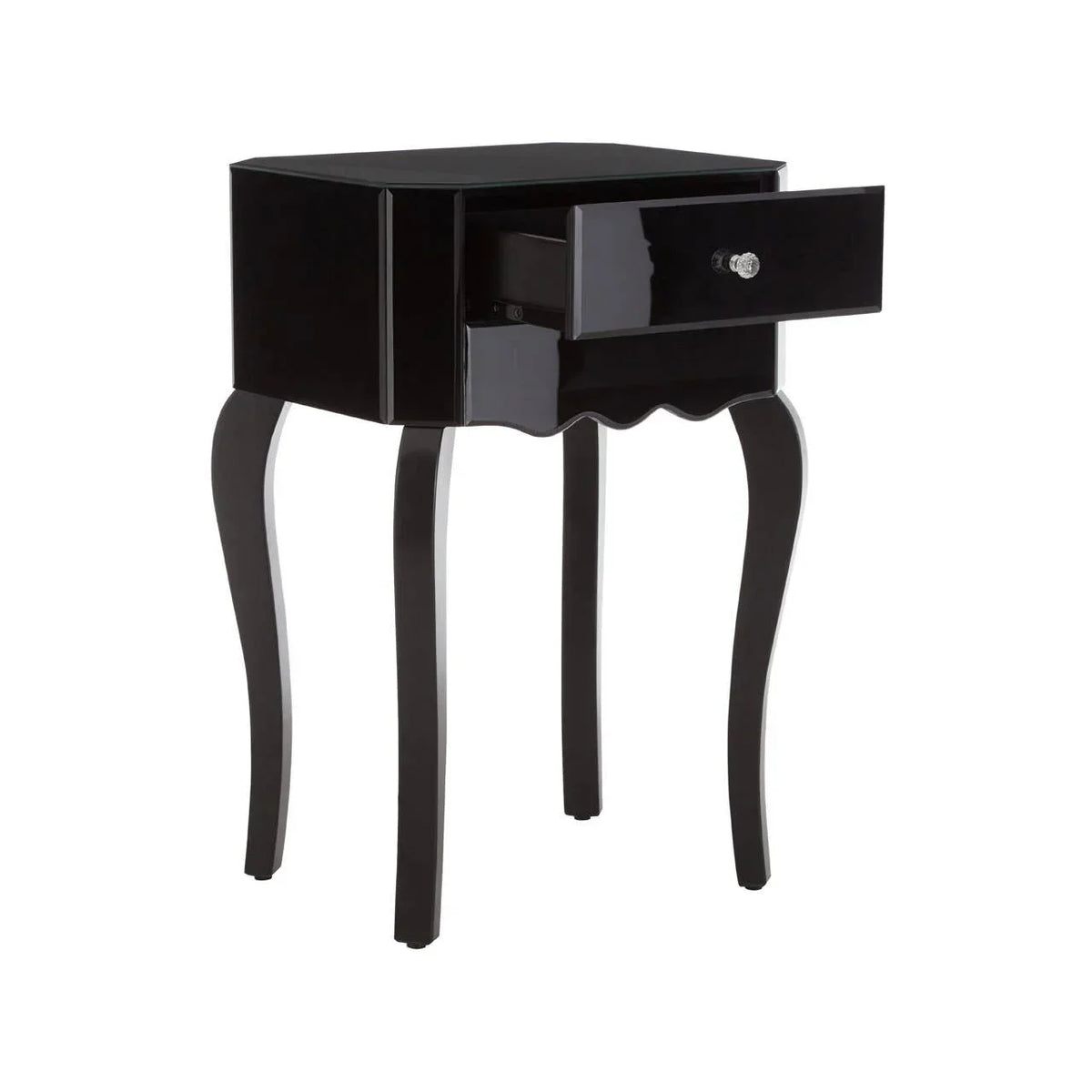 Black bedside table with scalloped apron, cabriole legs and single open drawer