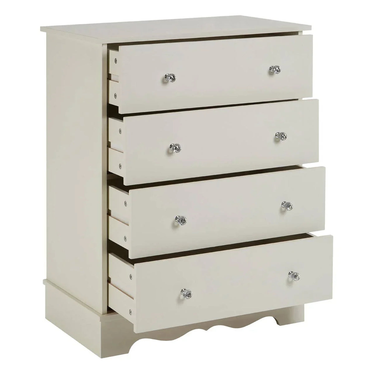 Cream chest of drawers with four open drawers and crystal style handles